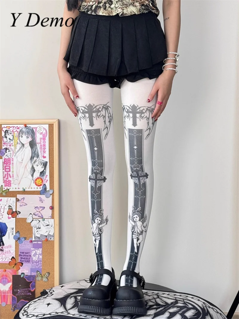 Y Demo Punk Cross Angel Printed Velvet Stocking For Women Slim Retro Tights