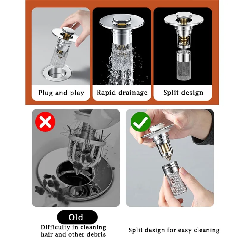 

ABKU-4Pcs Пробка для раковины в ванной комнате для 1,1-1,29 дюйма, всплывающий сливной фильтр для раковины со съемной корзиной для фильтра из нержавеющей стали