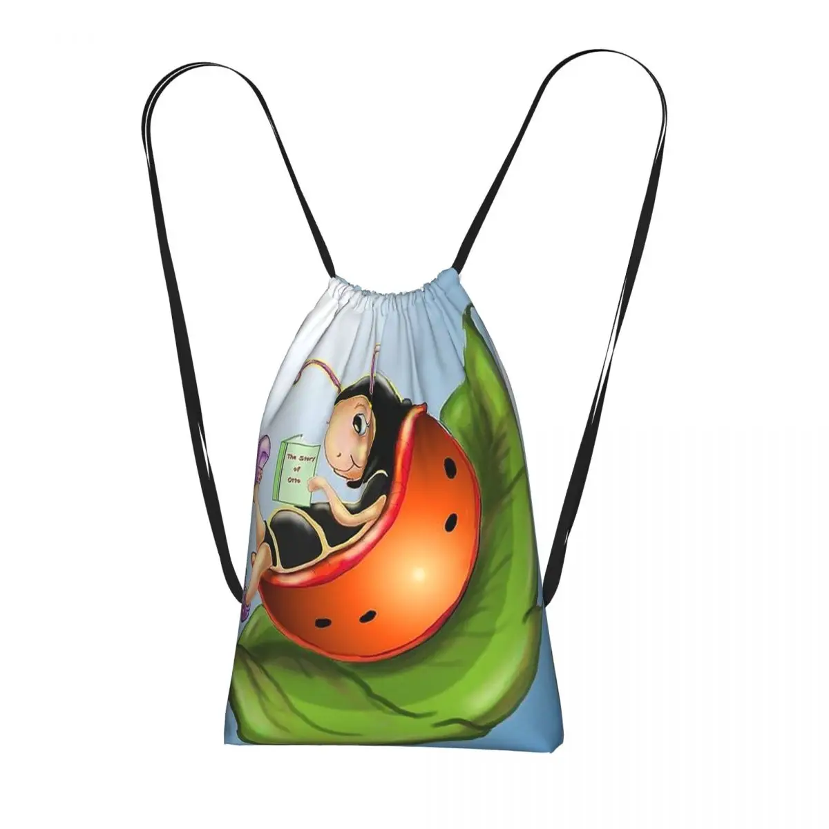 Cartoon Ladybug Lying On The Leaf Backpacks Portable Drawstring Bundle Pocket Storage Bag Book Bags for Travel Students