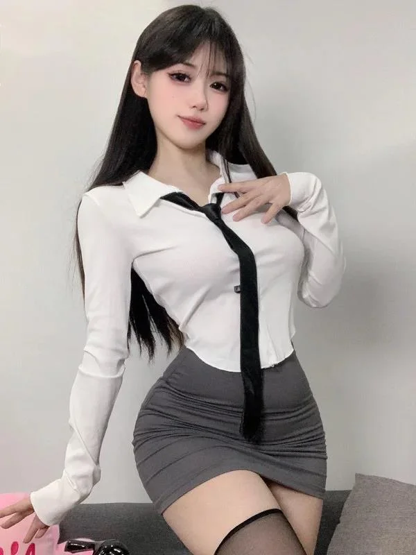 Formal Style Career Female Secretary Trendy Clothes Turn-down Collar Long Sleeves Shirt Tight Wrap The Buttocks  Skirt Set  A53R