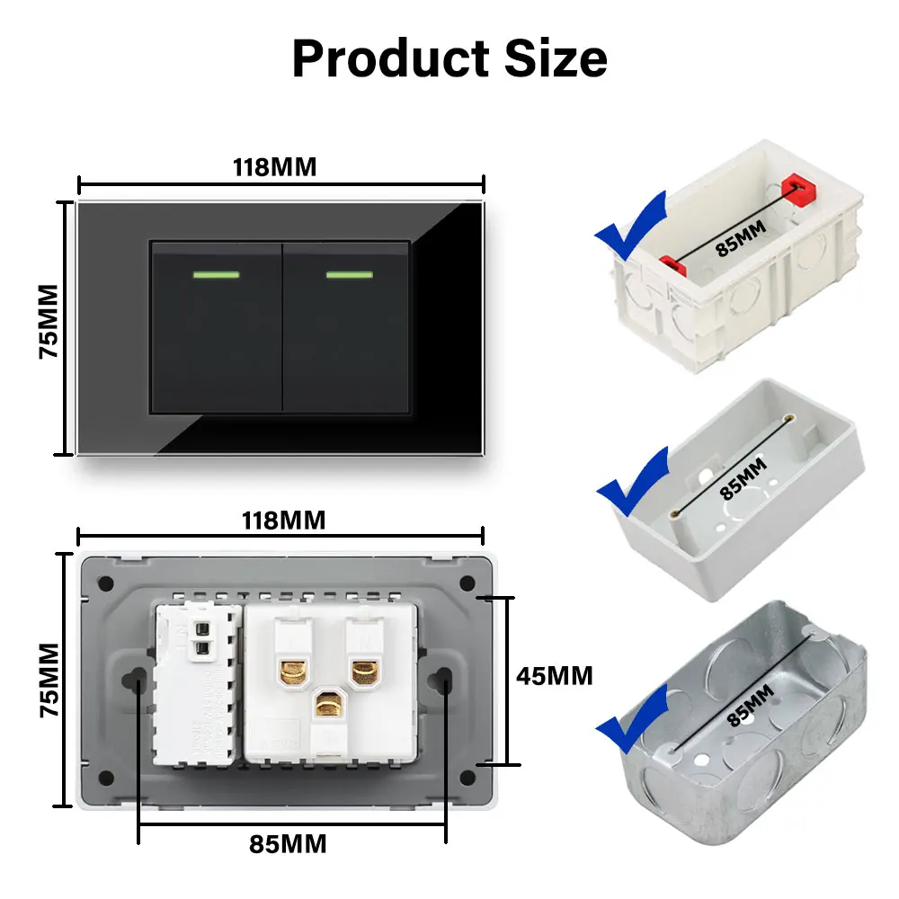 EIOMR Israel USB tipo C enchufe de pared de carga rápida, 118*75mm vidrio templado negro Sat TV Tel timbre interruptor de luz de pared mecánico