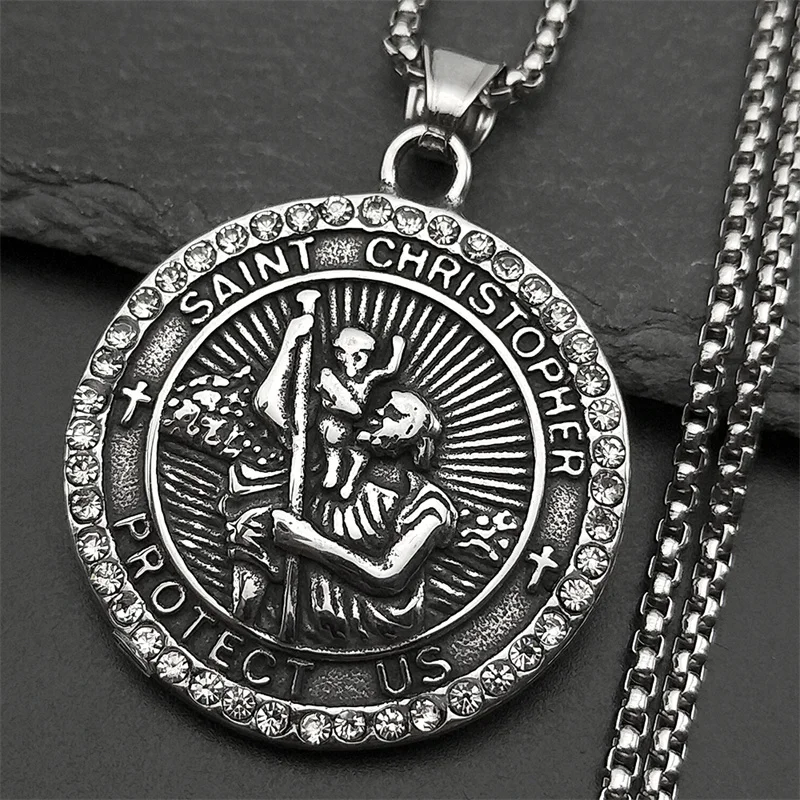ST.Christopher حمايةنا ميدالية أحجار الراين قلادة سانت كريستوفر الفولاذ المقاوم للصدأ الذهب اللون القلائد المسيحية المجوهرات