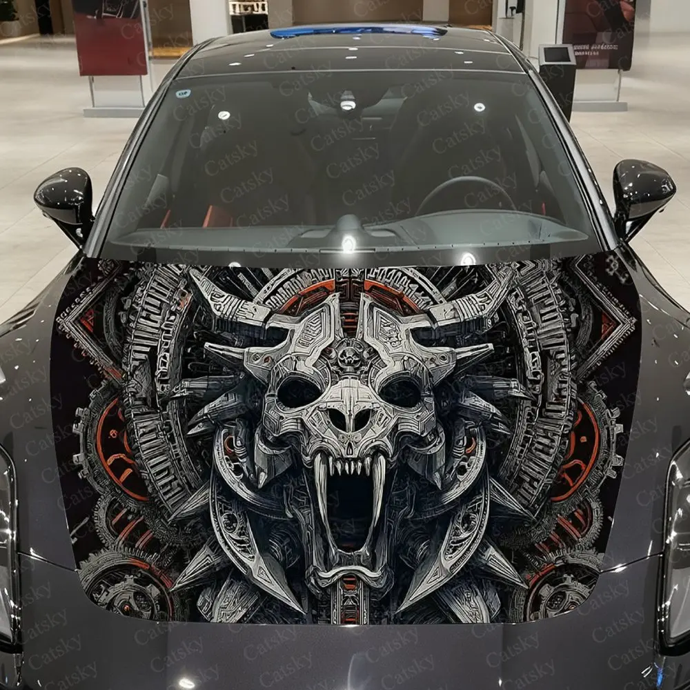 Mechanical Fierce Skull Car Vinyl Wrap, PVC Material Waterproof Car Hood Sticker, Self-Adhesive Scratch-Resistant Stickers