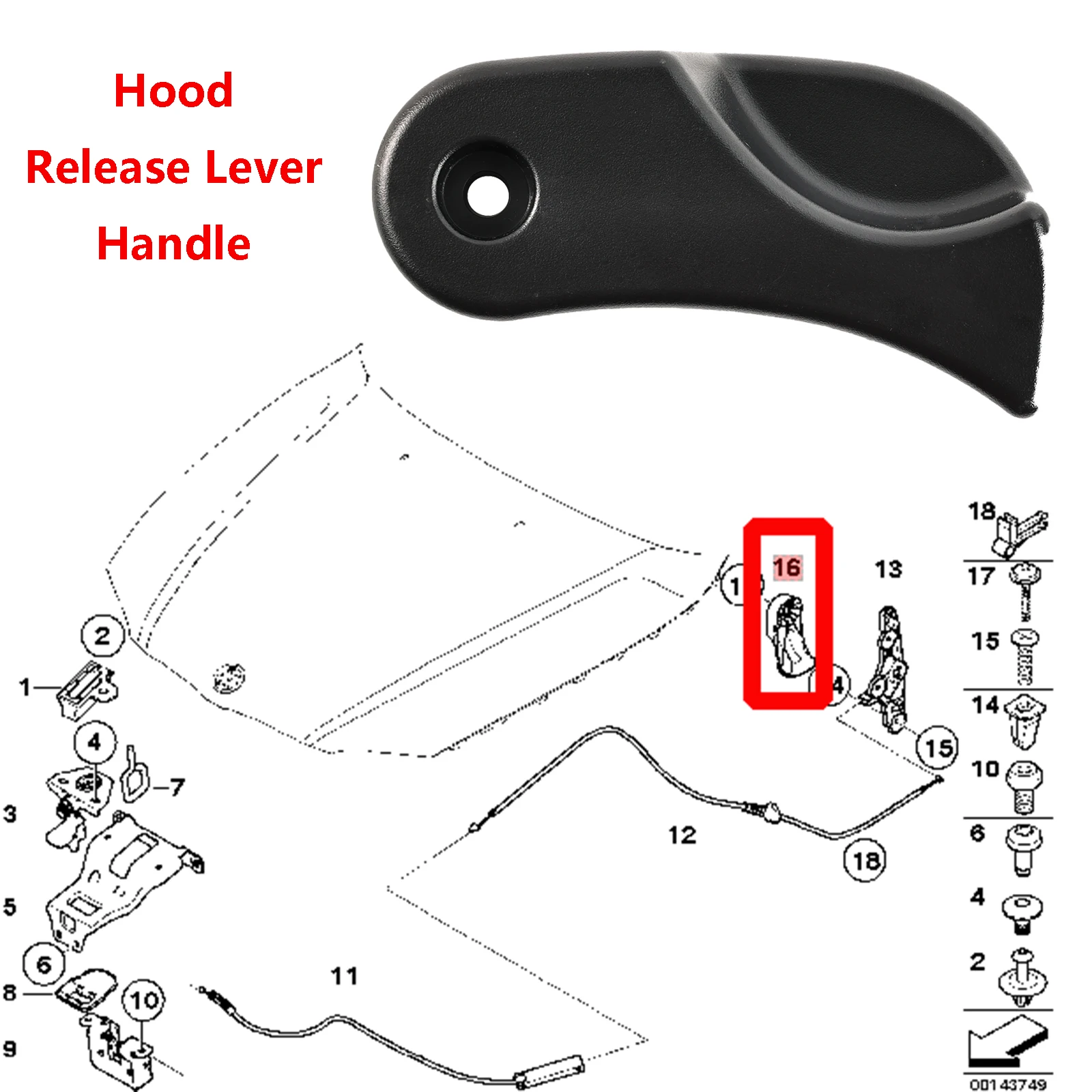 1X For BMW 1/3/6 Series E87 E90 E84 E93 323i 325i 328i 330i 335i Xi E82 640i 330xi X1 650i Hood Release Lever Handle 51237058117