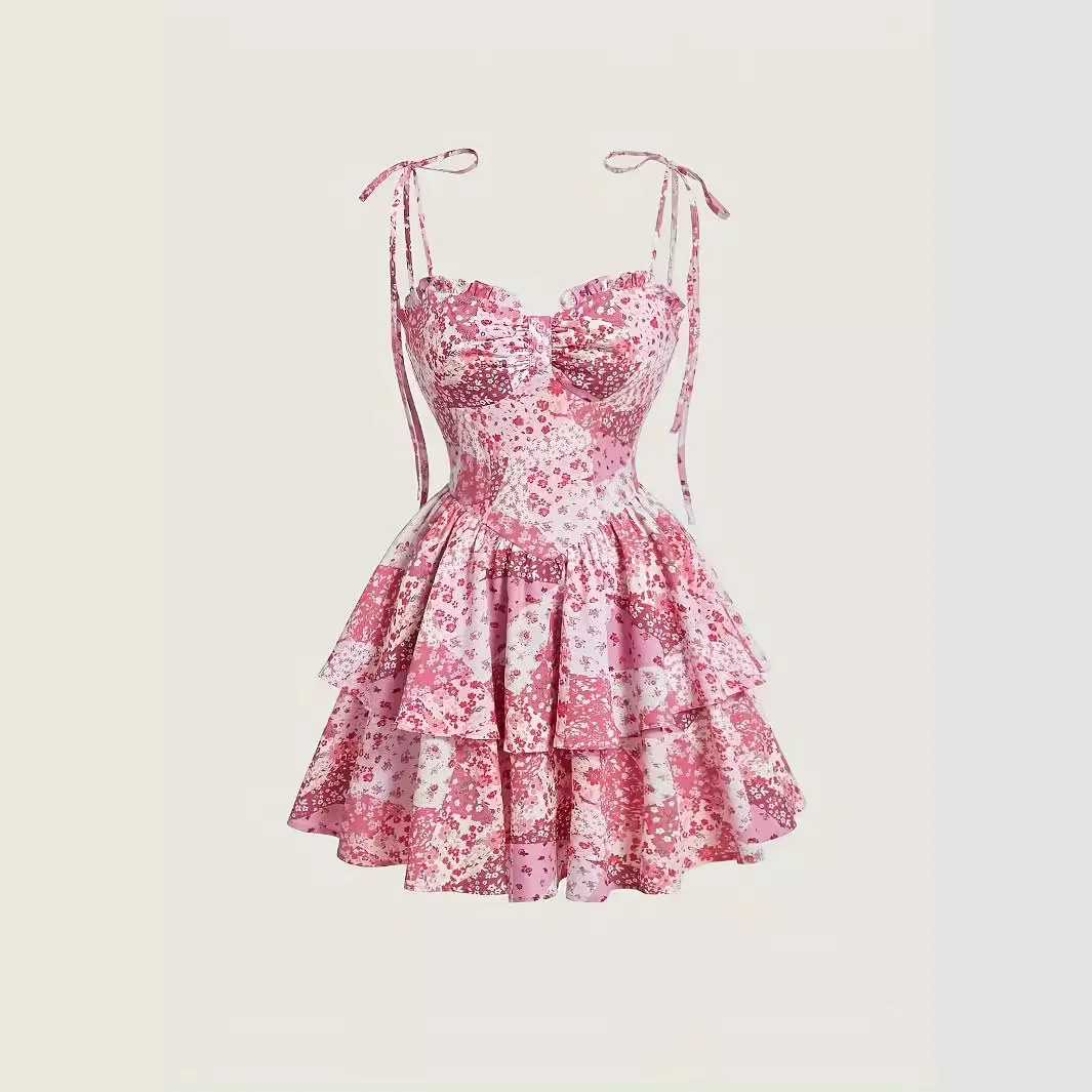 

2025 New Women's Fashion Floral Sleeveless Suspender Cake Skirt Elegant Temperament Sexy Retro Red Chic Double Hem Dress Lady
