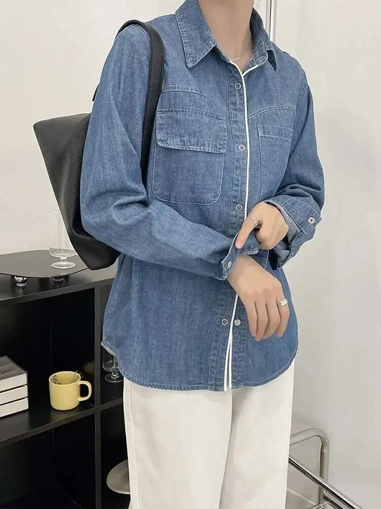 

Women Blue Denim Topstitched Big Size Elegant Blouse New Lapel Long Sleeve Shirt Fashion Tide Spring Autumn