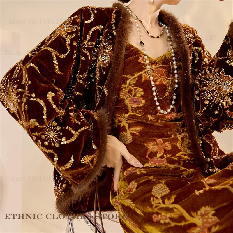 

Autumn Winter Luxury Female Kimono Cardigan Chinese Style Hanfu Costume Elegant Exquisite Sequin Embroidery New Year's Clothing
