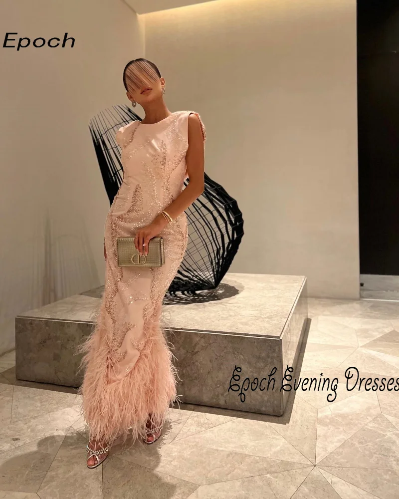 Luxury Evening Dress For Sexy Women 2024 فساتين السهرة Elegant Straight O-Neck Lace Feathers Bodice Cocktail Party Prom Gown