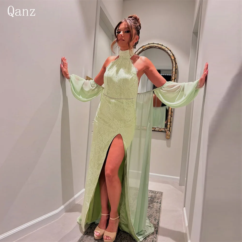 

Qanz Charming Lace Prom Dress Mermaid Mint Green Appliques Evening Dress Luxury Backless With Shawl Vestidos De Gala Customized