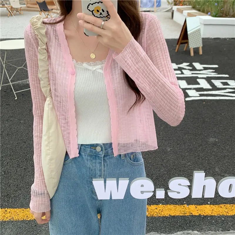 Knitted Sweater Thin Style Women's Summer Sunscreen Cardigan Solid Color Short Fit Air Conditioning Cover Shirt Trendy