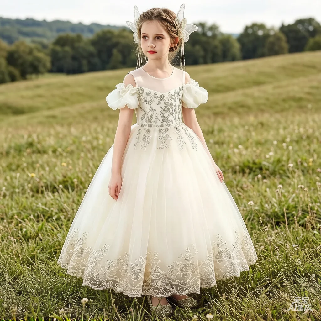 Girls' Princess Birthday Dress Children's Host Flower Girl Wedding Dress Small Girl Piano Performance Outfit