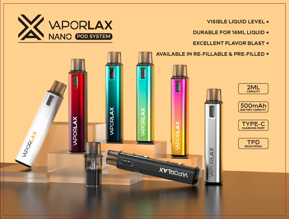 VaporLax Nano Kit de sistema recarregável Pod Eletrônico E Cigarro 500mAh Bateria 2.0ml 0.8ohm Cartucho de bobina de malha Atomizador Vape Pen