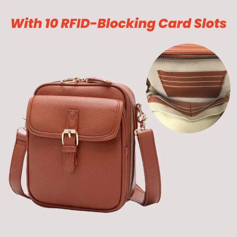 

Vintage Shoulder Bag with 10 RFID-Blocking Slots Double Layer Large Capacity Crossbody Bag Women's Anti-Theft Messenger Purse