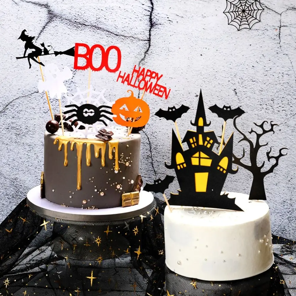 

Black Castle Bat Pumpkin Halloween Cupcake Toppers Witch Ghost Black Cat Skull Cartoon Cake Insertion Flag DIY Paper