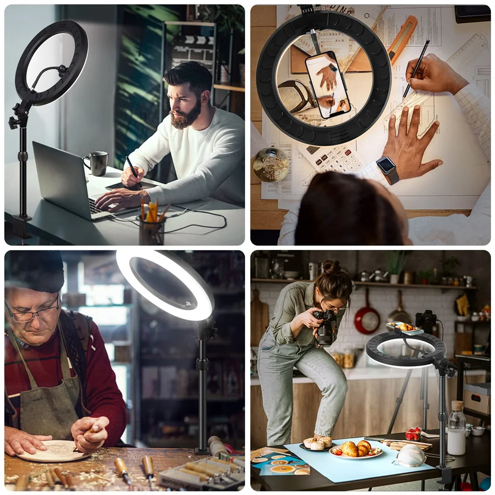 Anillo de luz LED de 10/12 pulgadas para Selfie, soporte para teléfono con abrazadera en C, luz de fotografía para YouTube, transmisión en vivo, videoconferencia