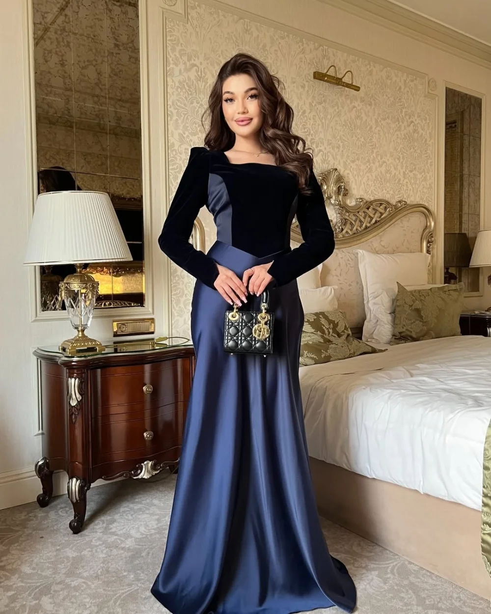 

Customized Simple Sizes Available Velour Pleat Ruched Mermaid Square Neck Long Dresses Evening Dresses Chinese Style Fashion