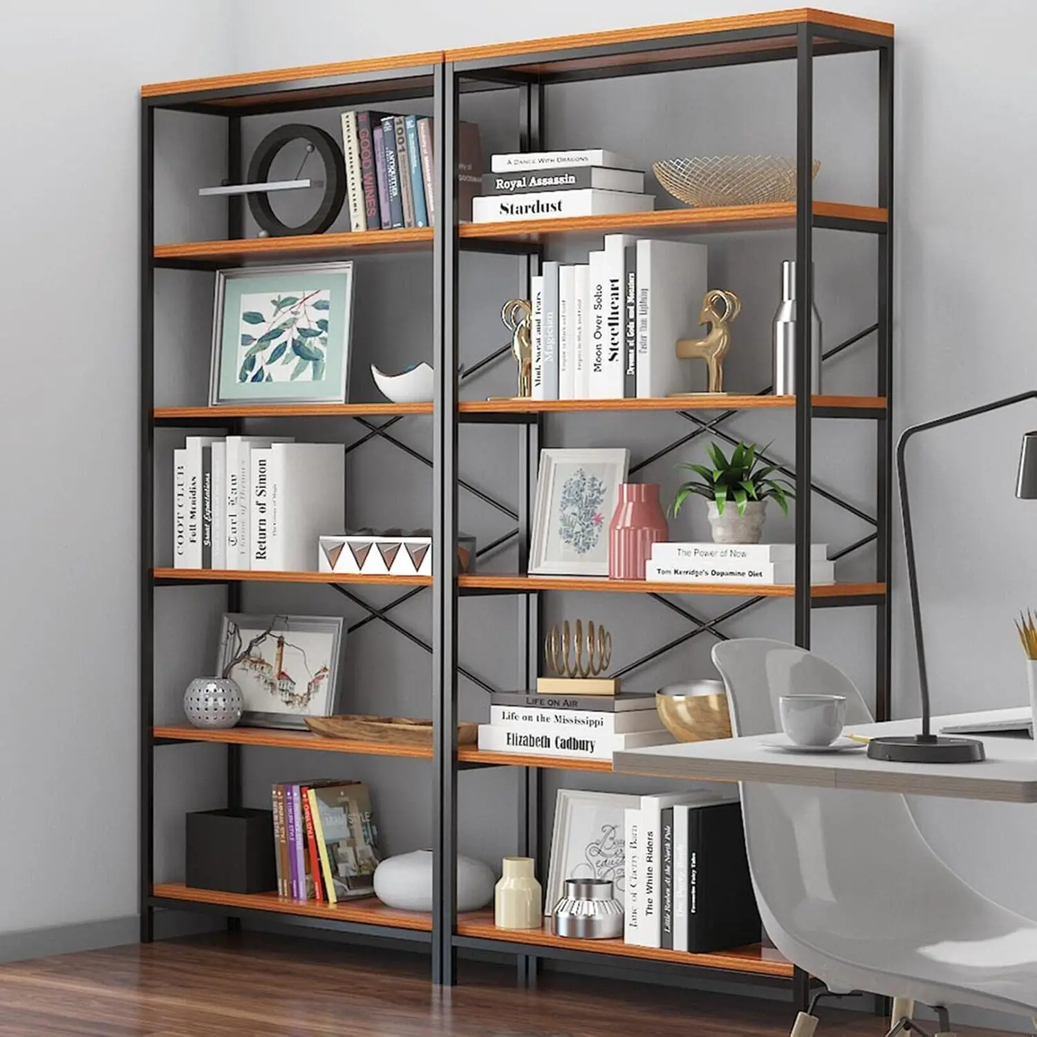 6 Tier Bookshelf,Tall Bookcase Industrial Wood Storage Rack with Open Book Shelves Modern Metal Standing Organizer