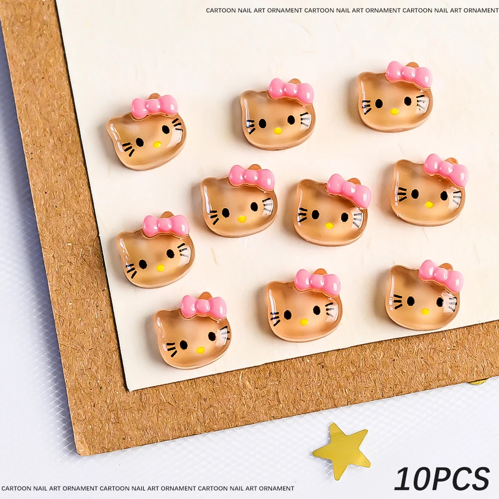10 stuks Sanrio Sparkle Glitter Hello Kitty Nail Charms Ijs-Transparant Roze 10*11mm Kawaii Hello Kitty Nail Decor DIY Shiny Kitty