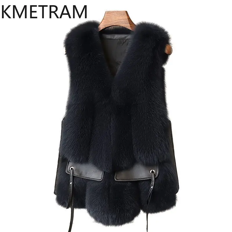 100% 천연 여우털 조끼 여성 V넥 민소매 리얼 퍼 코트 여성 고품질 겨울옷 2025 숏 조끼