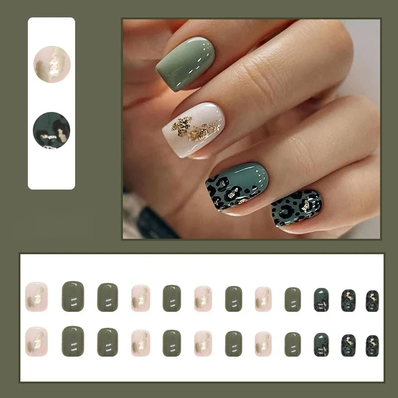 24Pcs/Set Short Fresh Green Leopard Print Design Wearing False Nails Fashion Removable Press on Nail French Acrylic Fake Nails