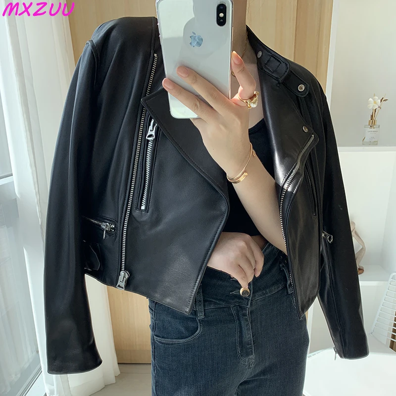 Women Short Locomotive Leather Jacket Ropa Mujer Sheepskin Stand-up Collar Trend Fashion Slim Black/White/Gray Jaqueta Feminina