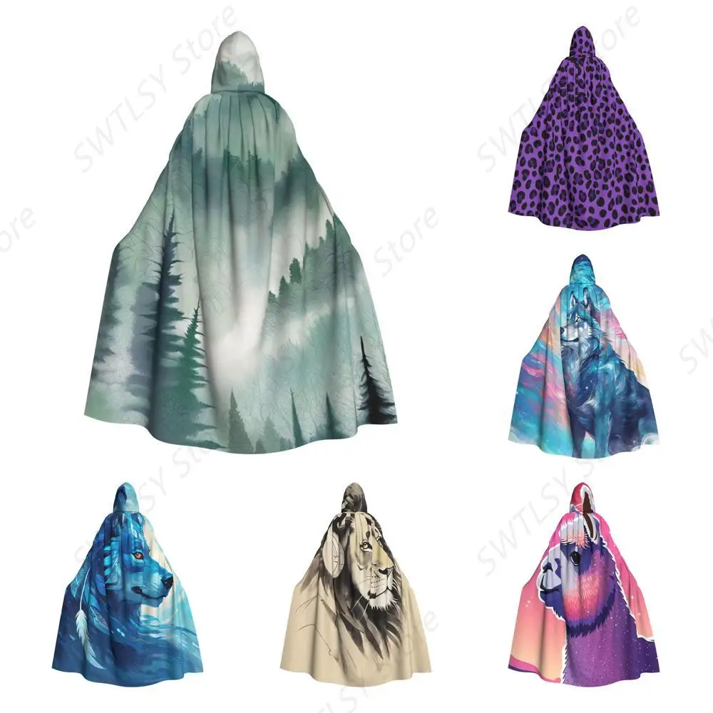 Hooded Cloak Unisex Polyester Hooded Cape Cosplay Costume for Women Men, Compatible with Mountain Rustic Woodland Trees