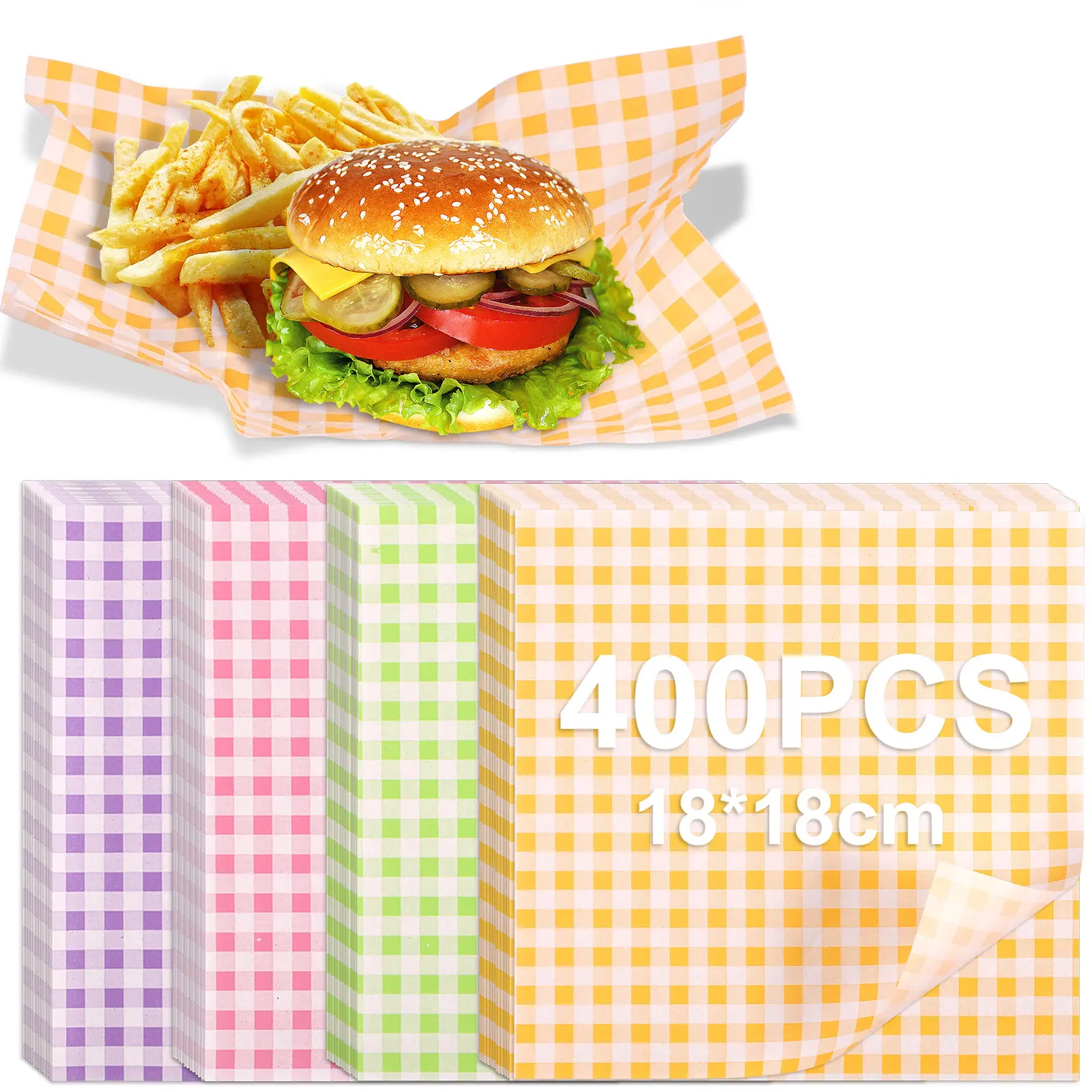 400Pcs Greaseproof Paper Liners Sandwich Wrapping Paper 4 Colors Wax Paper Sheets for BBQ Picnic Festival Party Fast Food