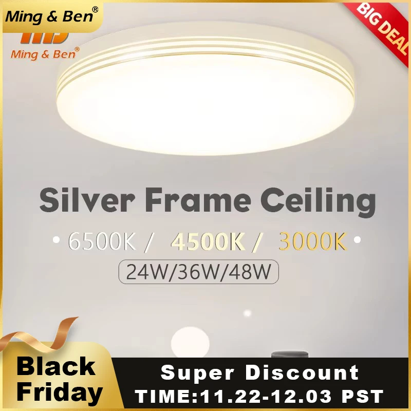 Round Led Ceiling Lamp Silver Frame Natural White Lustre Lighting 48W 36W 24W Ceiling Lights for Bedroom Living Room Decoration