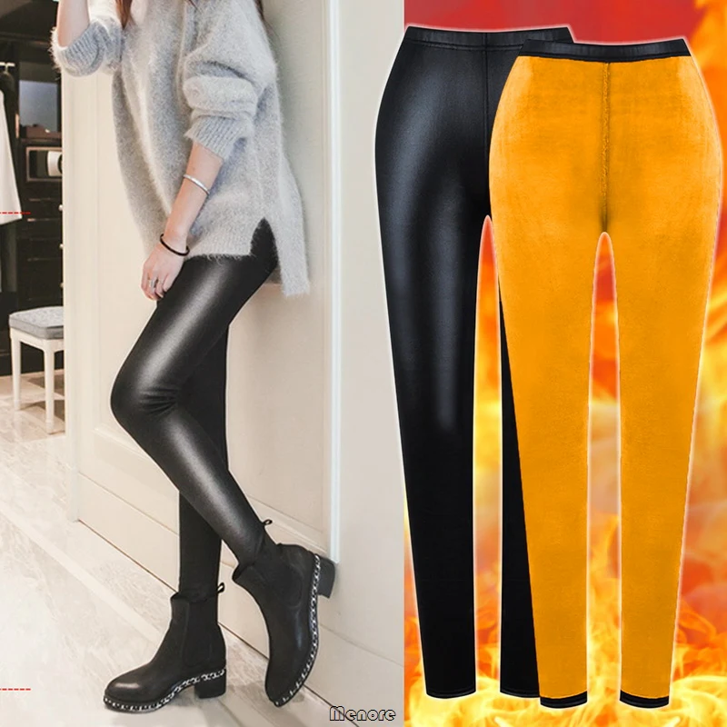 Leggings quentes do plutônio calças de couro das mulheres calças de cintura alta térmica calças elásticas inverno velo forrado preto jeggings