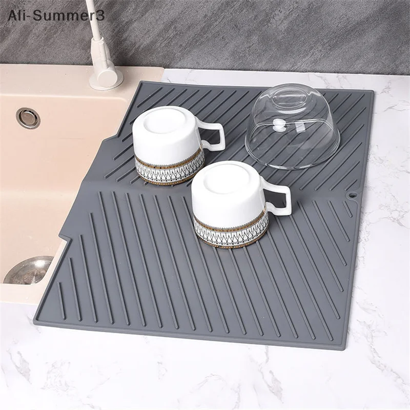 Placa de drenagem de silicone, almofada de secagem, tapetes antiderrapantes com bordas levantadas, tapetes de bancada para pote, copo, prato, utensílios de cozinha