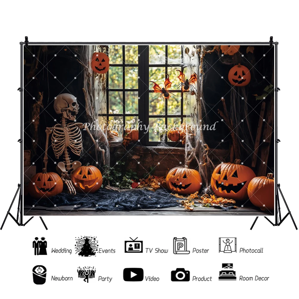 هالوين نافذة المشهد التصوير خلفية الخريف ورقة القرع الخفافيش الهيكل العظمي غرف الديكور الأسرة مهرجان خلفية حفلة