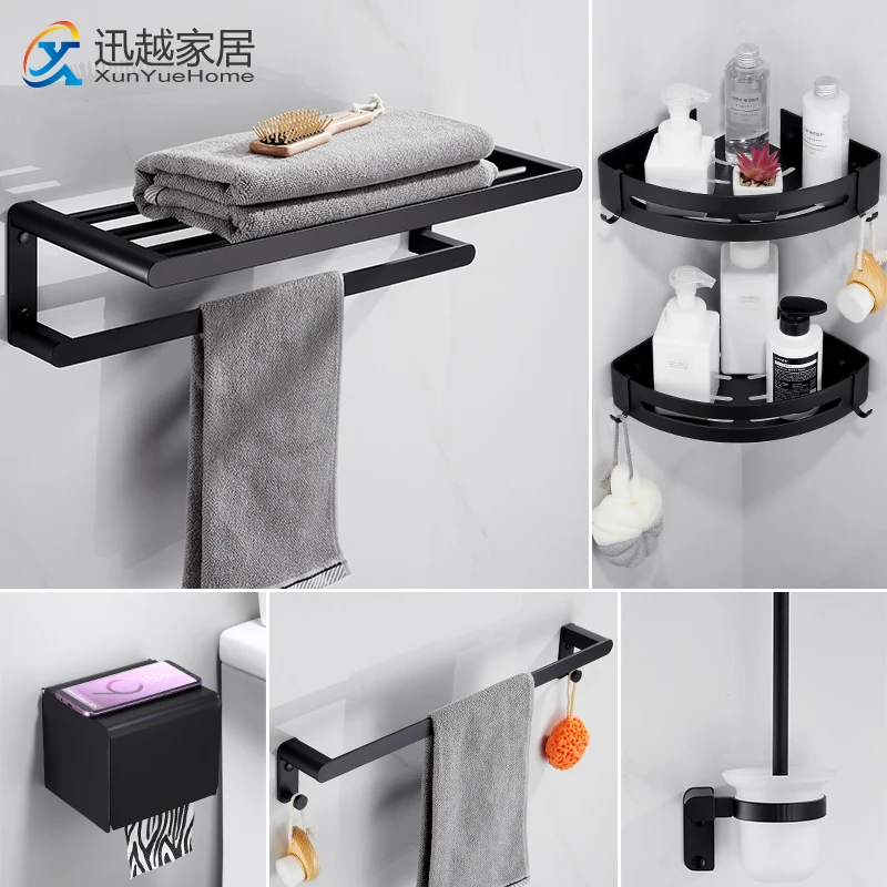 Towel Holder Fixed Bath Rack Bathroom Accessories Wall Mount 40-60 CM Rail Shower Hanger Black Aluminum Bar Organazer Shelf