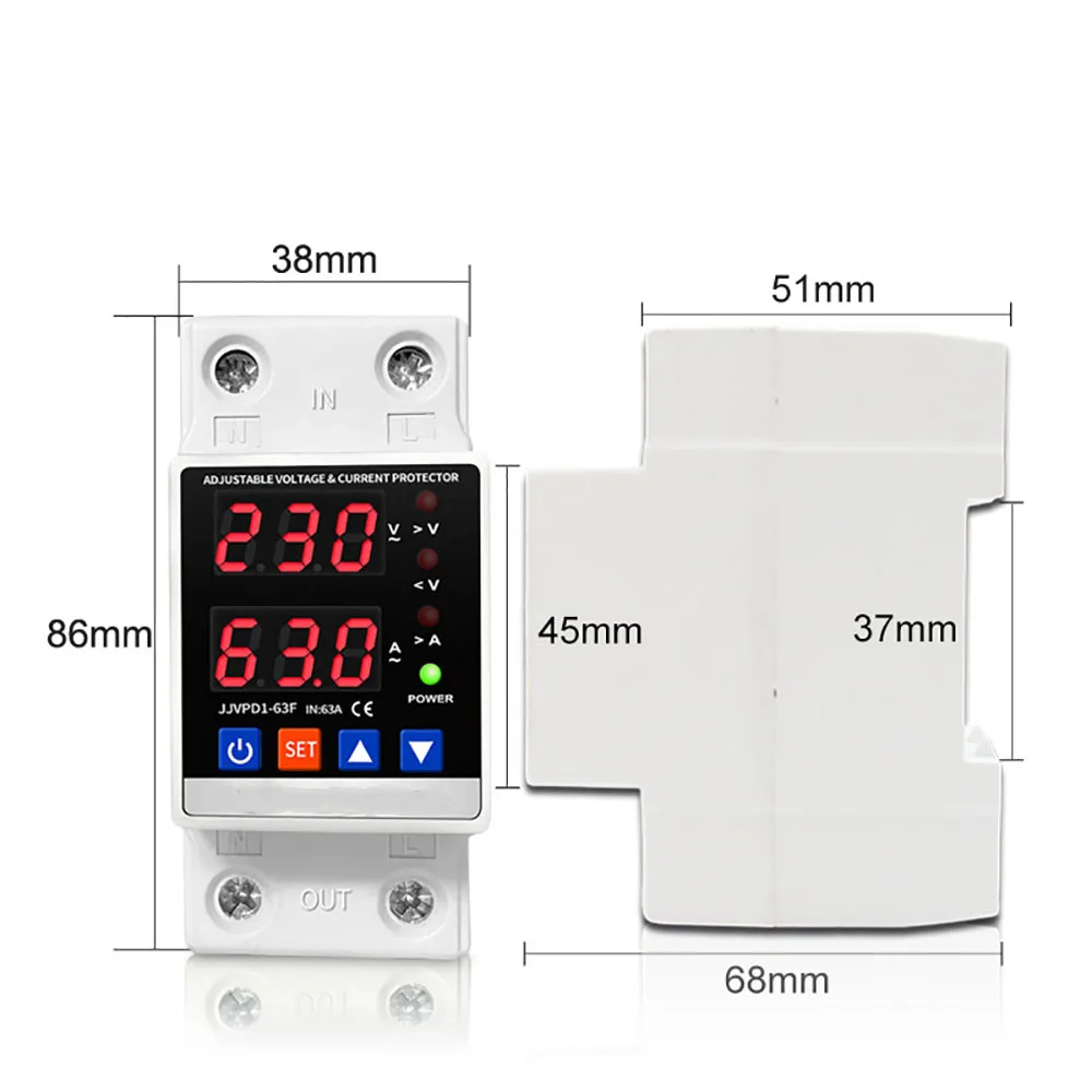 Dual Display 40A 63A 80A 230V Din Rail Adjustable Digital Over Under Voltage Relay Surge Protector Limit Over Current Protection