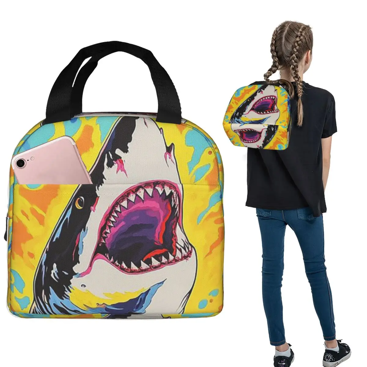 

Rainbow Shark Pattern Insulated Lunch Bag for Women Children Portable Food Boxes Thermal Lunch Box Tote
