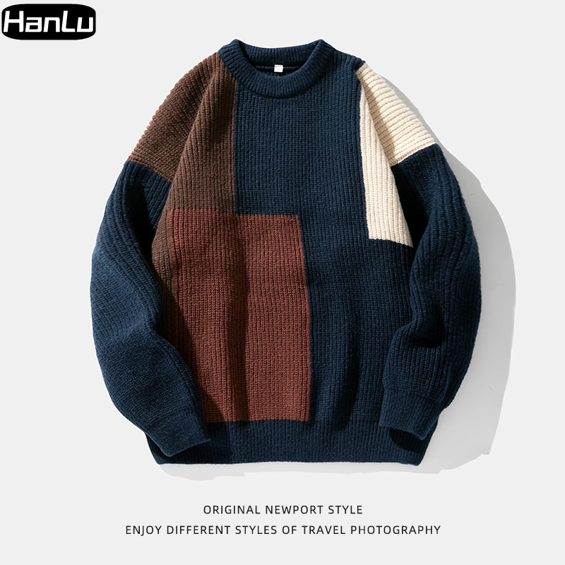 Men\'s Autumn and Winter New Thick Needle Sweater Knitted Men\'s Color Block Splicing Design Round Neck Knitted Pullover