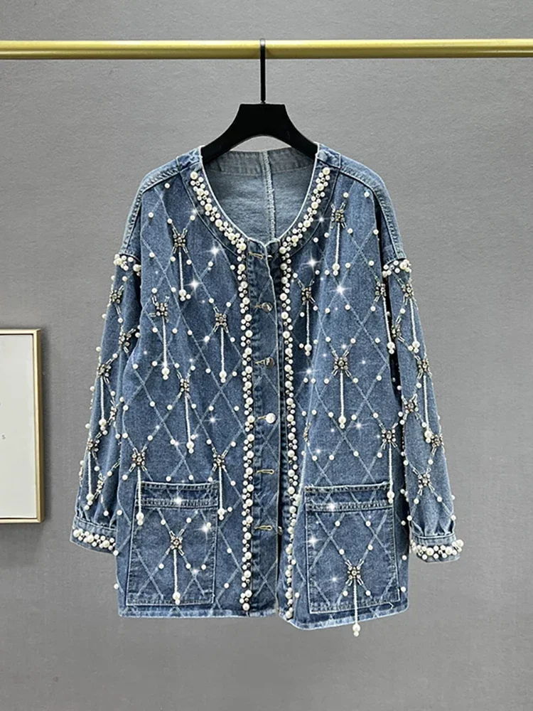 Women's Denim Coat Nail Drill Pearls Pendant Plaid O-neck Single Breasted Elegant Jackets 2024 Summer New Fashion 29L7246