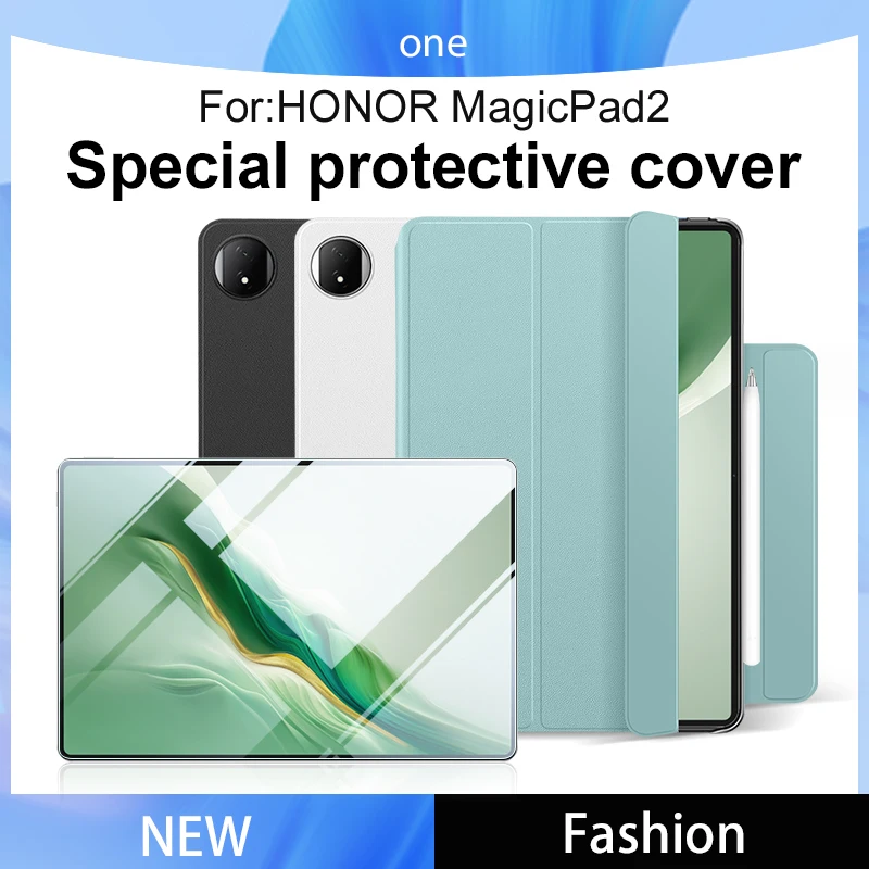 Tablet protective case for Honor Magic Pad 2 made of genuine leather foldable design without magnetic closure
