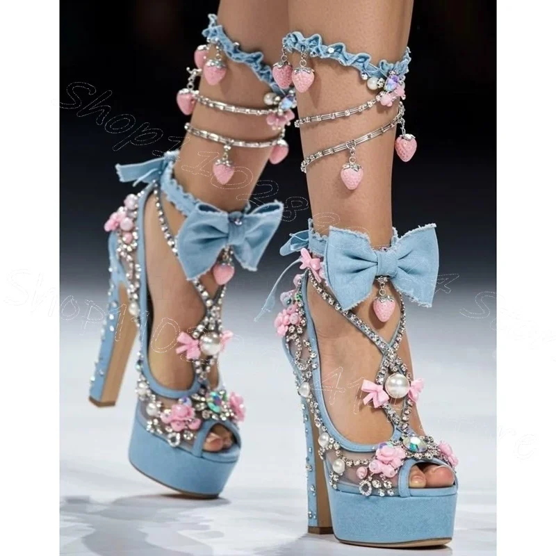 Denim Bow Knot Crstal Chain Strawberry Decor Sandals Lace Up Women Shoes Chunky High Heels Party Dating 2026 Zapatos Para Mujere