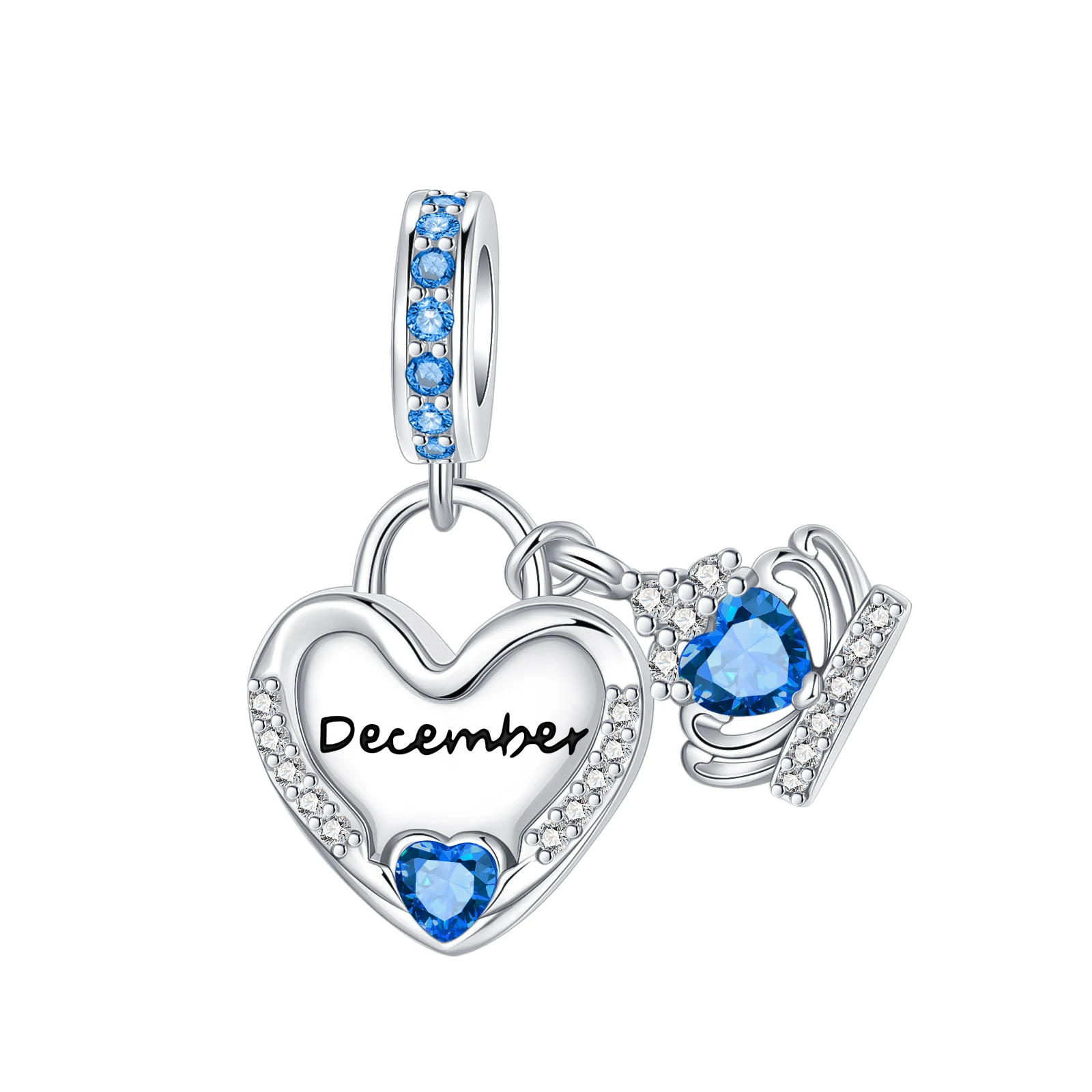 

925 Sterling Silver December Birthstone Dangle Charm Bead Blue CZ Heart Lock Crown Pendant Fit Bracelets Jewelry for Women Gift