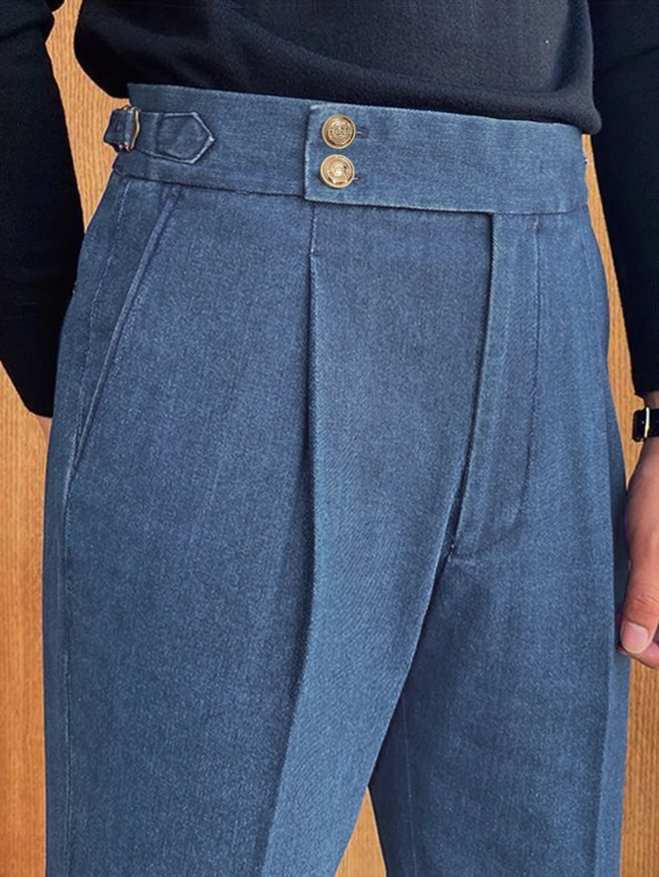 

Men's High-Waist Dress Pants Autumn Winter New Style Elegant Italian Neapolitan Plain Button Pleated High Waist Jeans Style Busi