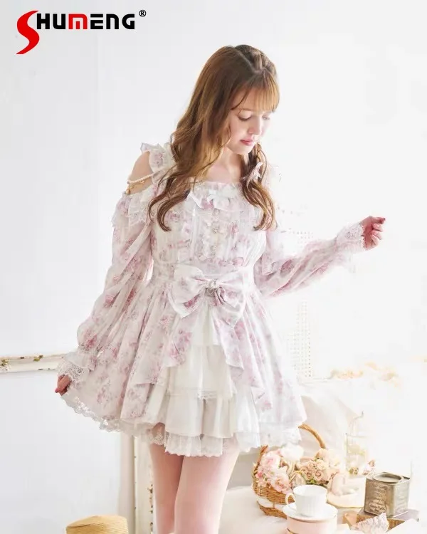 

Japanese Liz Dress Skirt 2-Piece Set Spring and Autumn New 2025 Girl's Women Sweet Cute Bow Pearl Off-Shoulder Top and Skirt Set
