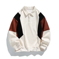 Men's Spring Autumn Pullover Turn-down Collar Solid Button Lantern Long Sleeve T-shirt with Sports Hoodies Fashion Casual Tops