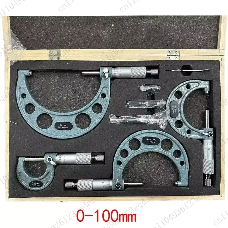 Outer diameter micrometer set, spiral micrometer 4-piece set, mechanical micrometer outer diameter measurement 0-100mm