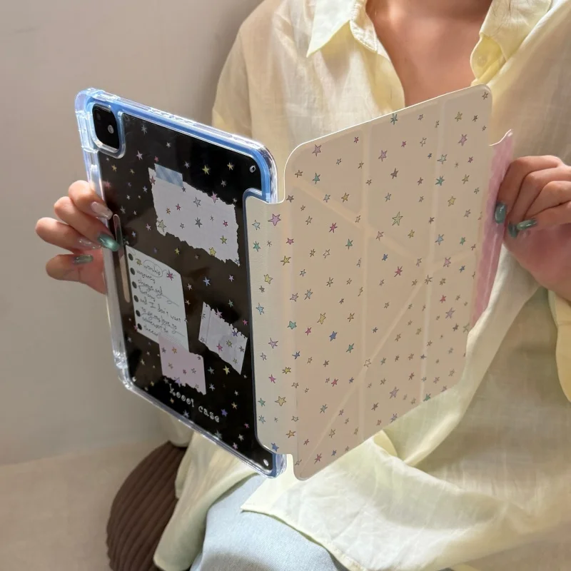 Color Stars Sticker Print Pencil Slot Foldable Stand Tablet Case for iPad 10/9/8/7th Gen Air 5/4/6/7 Pro 11 12.9 Mini 6/7 Air 5