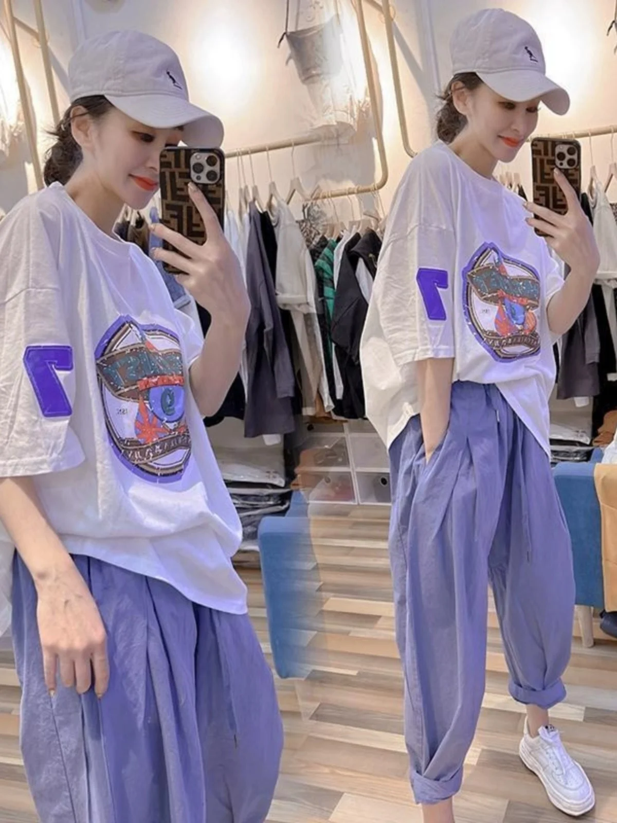 

Лето 2023, женская футболка больших размеров с принтом ort Sve, свободный комплект для похудения, повседневный комплект из двух предметов Harlan Fem Faion