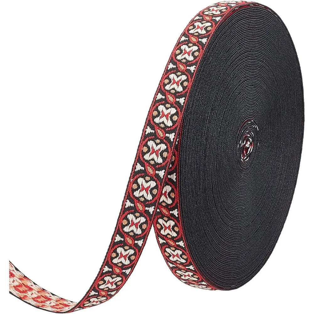 20 Yards 0.4 inch Red Black Vintage Jacquard Ribbon White Floral Butterfly Pattern Embroidered Woven Trim Ethnic Retro