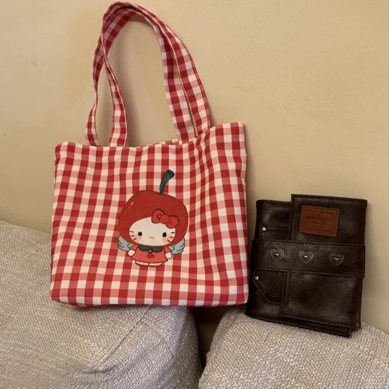 

Sanrio New Summer Versatile and Cute Small Fresh Apple Red Plaid Canvas Bag Female Student Handbag