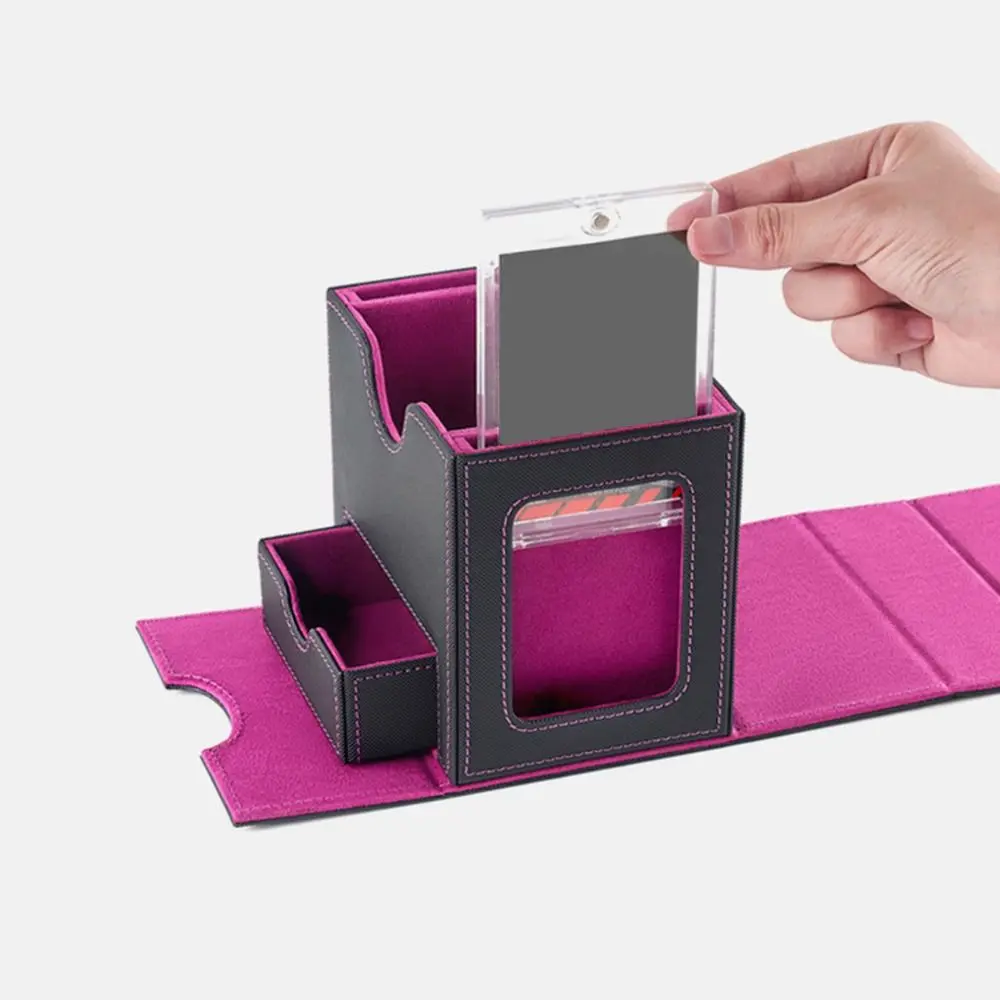 Fashion PU Leather Card Deck Box Holds 100Cards Collection Window Collection Box Flannel Card Stacking Storage Box Children