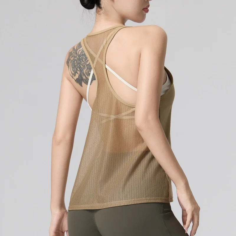 Sommerliches, ärmelloses Yoga-T-Shirt für Damen, einfarbig, leicht, atmungsaktiv, schnelltrocknend, ideal als Sportoberteil für das Fitnessstudio oder zum Laufen. – Detail 13