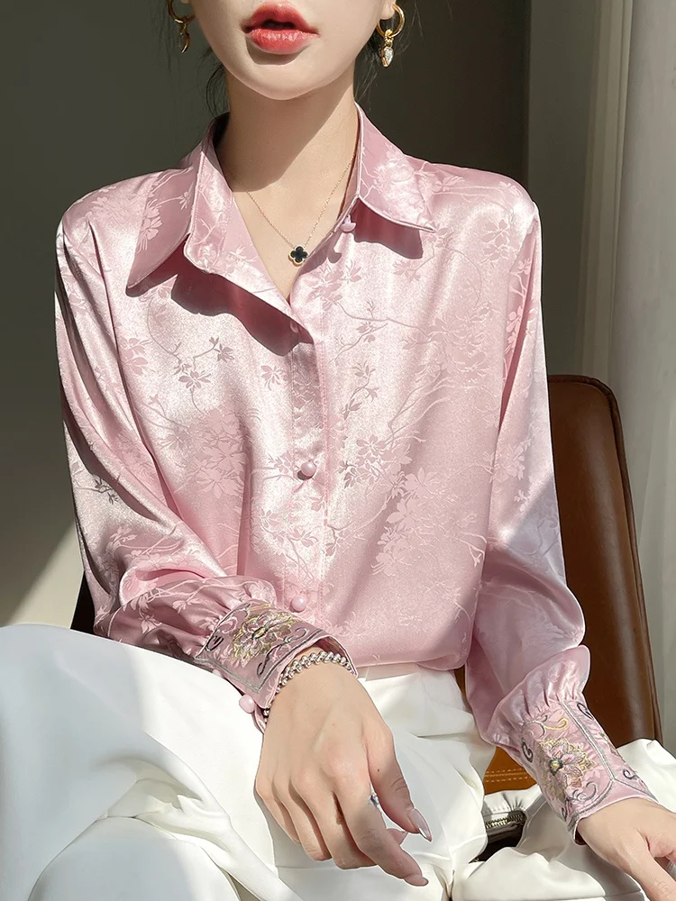 

Spring 2025 New Retro Chinese Style Long Sleeve Shirt Acetate Satin Embroidery Design National Trend Collar Straight Cut